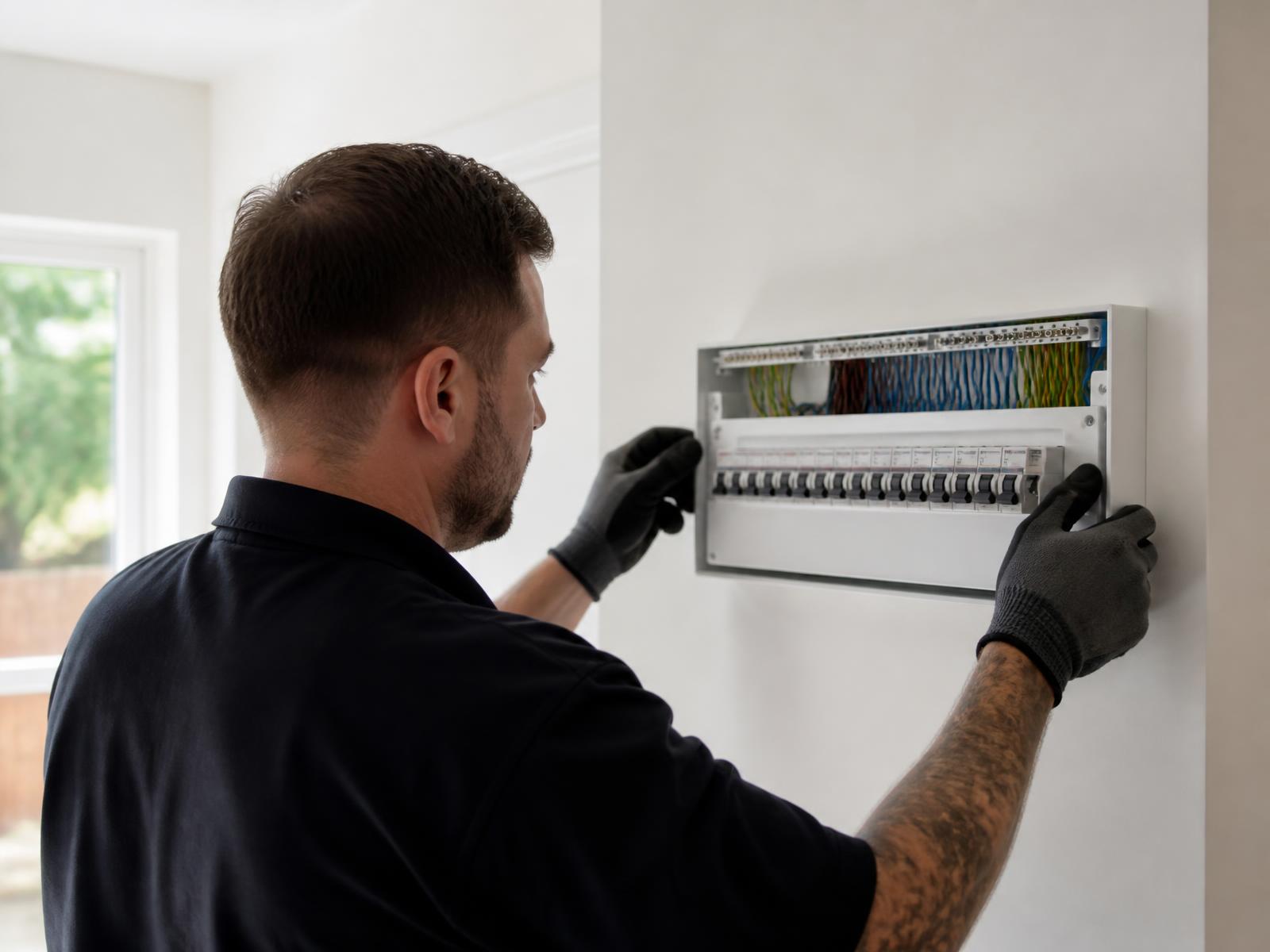 Electrician in Eastbourne installing a new consumer unit in a domestic property